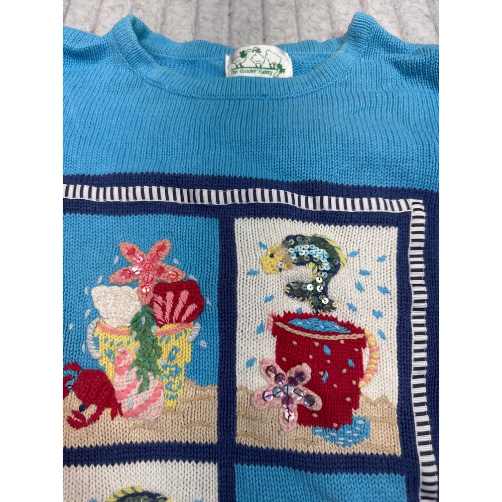 The Quacker Factory Blue Nautical Beach Sequin Embroidered Sweater Womens L